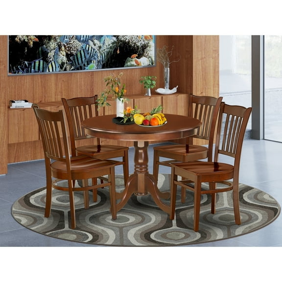 HomeStock Vintage Vogue 5 Piece Dining Room Furniture Set Includes a Round Dining Table with Pedestal and 4 Wood Seat Chairs, 42x42 Inch, Mahogany