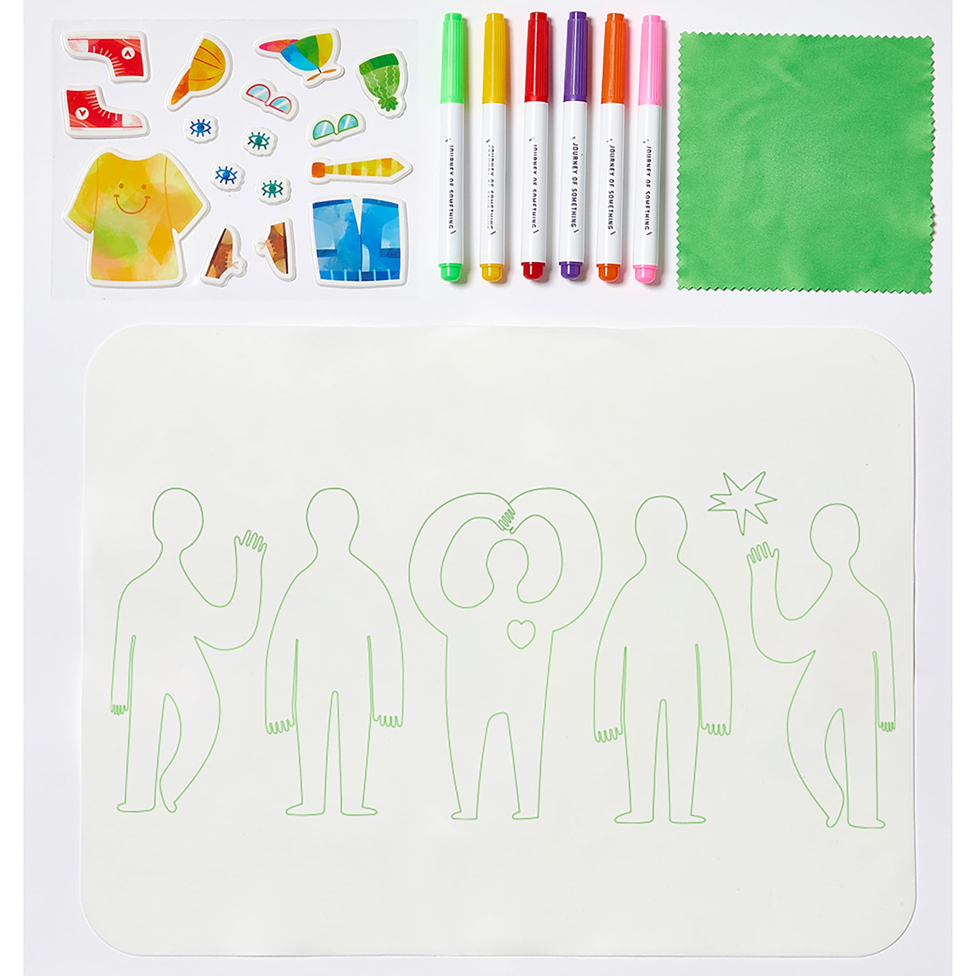 Journey of Something: Wipeable Silicone Mat - Friends - Reusable Coloring Kit, Mix & Match Character Outfit Stickers, Markers, Carry Pouch, Kids 4+