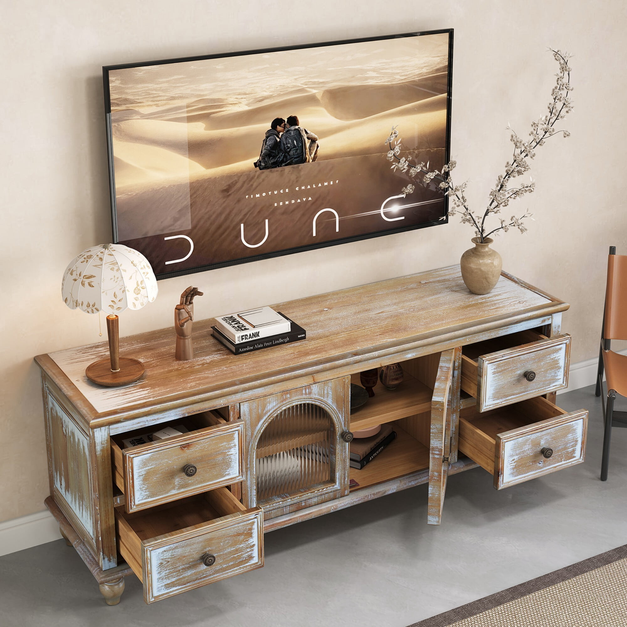 DEALTOPS 60 Inch Farmhouse TV Stand with 4 Drawers & 2 Glass Doors, Rustic Media Console – Natural Oak