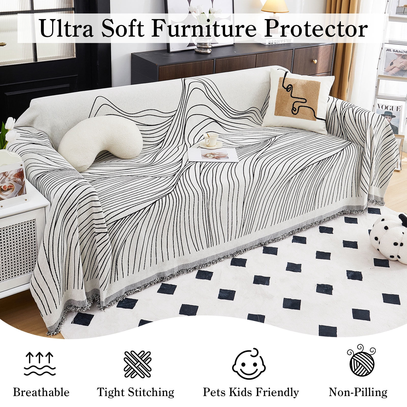 Eurhowing Boho Couch Cover for 2-3 Cushion Couch, Chenille Sofa Cover Blanket with a Pillowcase, Anti-Slip Tassel Sofa Slipcover for Pet, (71'' x 118'', Black Stripe)