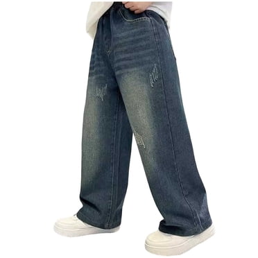Xudanell Boys Baggy Jeans, Wide Leg Elastic Waist Denim Pants Loose Fit Trousers Vintage Y2K Streetwear (Blue, 13-14 Years)