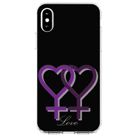 DistinctInk Clear Shockproof Hybrid Case for iPhone XS Max (6.5" Screen) - TPU Bumper, Acrylic Back, Tempered Glass Screen Protector - Lesbian Purple Symbols Love - Show Your LGBTQ Support