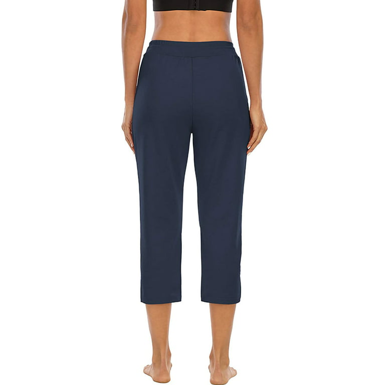 Daeful Ladies Leggings Capri Yoga Pants Drawstring Bottoms Workout  Calf-length Elastic Waisted Cropped Jeggings Navy Blue XXL