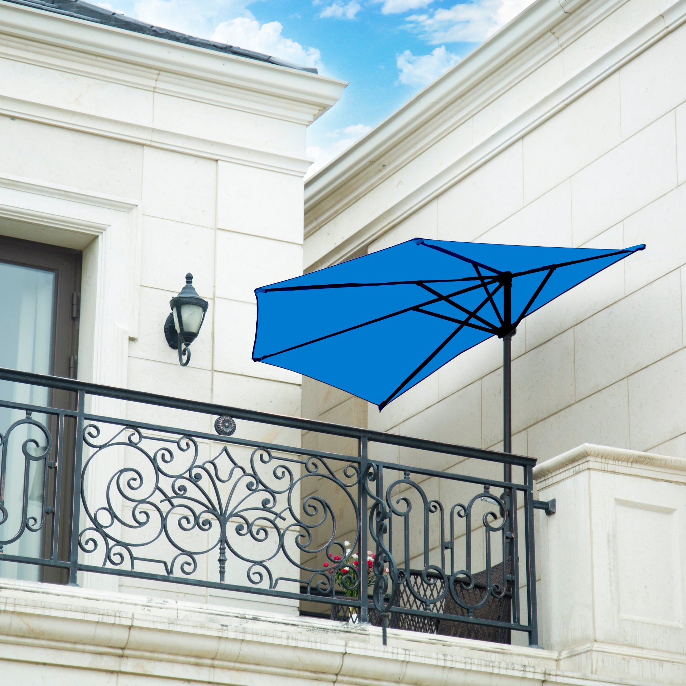 Polytrends 9' Sutton Half Round All-Weather Crank Patio Umbrella Royal Blue