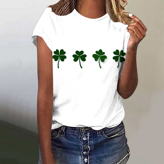 Uootdi T-Shirts à Manches Courtes pour Femmes Col Rond Imprimé Trèfle Usé Hauts Doux Tenue de Fête Cadeau