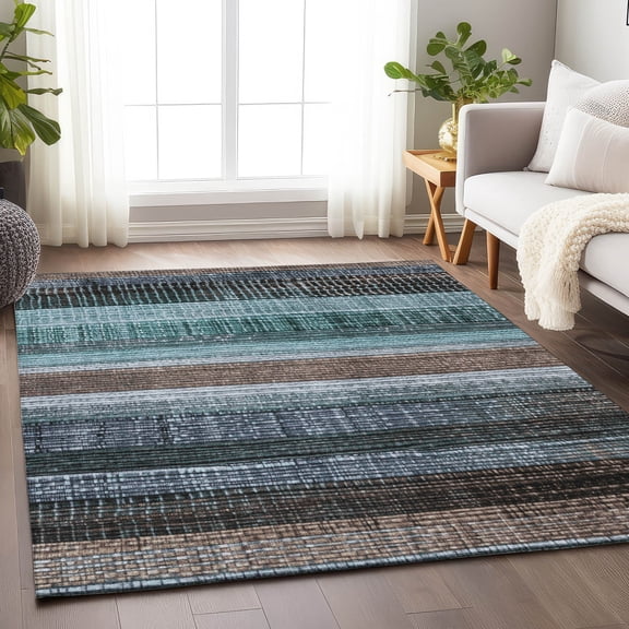 Addison Rugs Chantille Indoor/Outdoor Transitional Stripes Teal Machine Washable Rectangle Rug, 10' x 14'