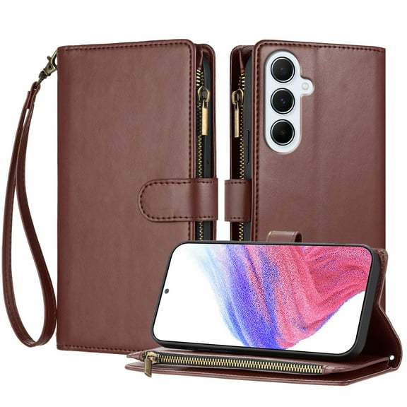 Compatible with Samsung Galaxy S25 FE Wallet Case, [9 Card Slots] [Cash Pocket] [Zipper Pocket] Removable Adjustable Crossbody Strap Wrist Strap Magnetic PU Leather Kickstand Phone Case, Brown