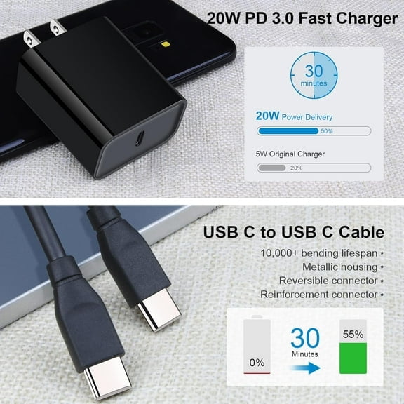 MHAWBL-Type C Charger Fast Charging, 2Pack 20W Android Phone Super Fast Charger Block with 6FT USB C to C Cable for Samsung Galaxy S26 Ultra S25 S24 FE A16 5G A15 A14 A56 A36 S23, Pixel 10a 9 Pro XL