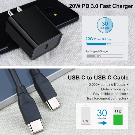 MHAWBL-Type C Charger Fast Charging, 2Pack 20W Android Phone Super Fast Charger Block with 6FT USB C to C Cable for Samsung Galaxy S26 Ultra S25 S24 FE A16 5G A15 A14 A56 A36 S23, Pixel 10a 9 Pro XL