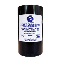 

Appli Parts motor start capacitor 270-324 Mfd (microfarads) uF 250VAC universal fit for electric motor applications 1-3/4 in Diameter 4-3/8 in Height CON-270-250