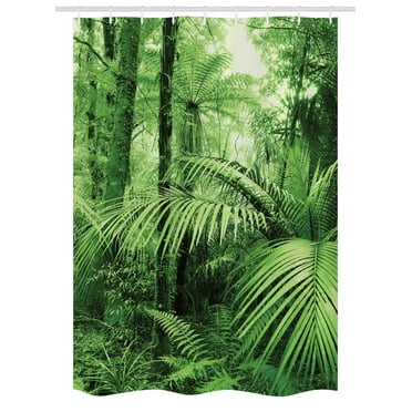 Rainforest Stall Shower Curtain, Palm Trees and Exotic Plants in Tropical Jungle Wild Nature Zen Theme Illustration, Fabric Bathroom Set with Hooks, 54W X 78L Inches, Green, by Ambesonne