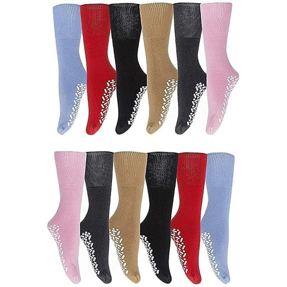 12 Pairs of Womens Non Skid/Slip Medical Socks, Cotton With Rubber Gripper Bottom (Assorted Colors, Size 9-11)