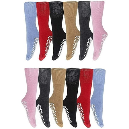 

12 Pairs of Womens Non Skid/Slip Medical Socks Cotton With Rubber Gripper Bottom (Assorted Colors Size 9-11)