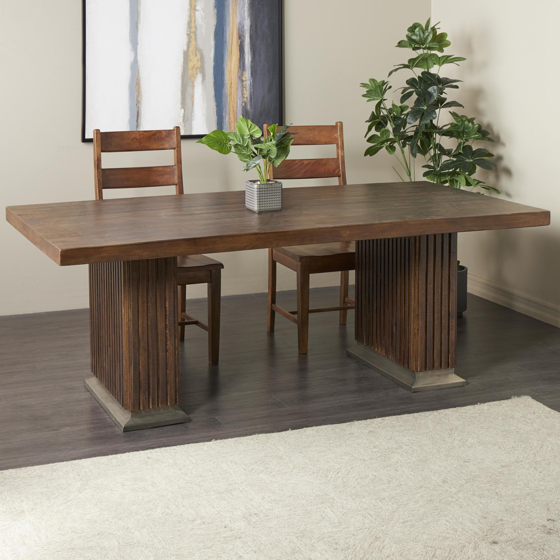 DecMode 84" x 30" Brown Mango Wood Mid Century Modern Dining Table with Ribbed Legs and Silver Bases, 1-Piece