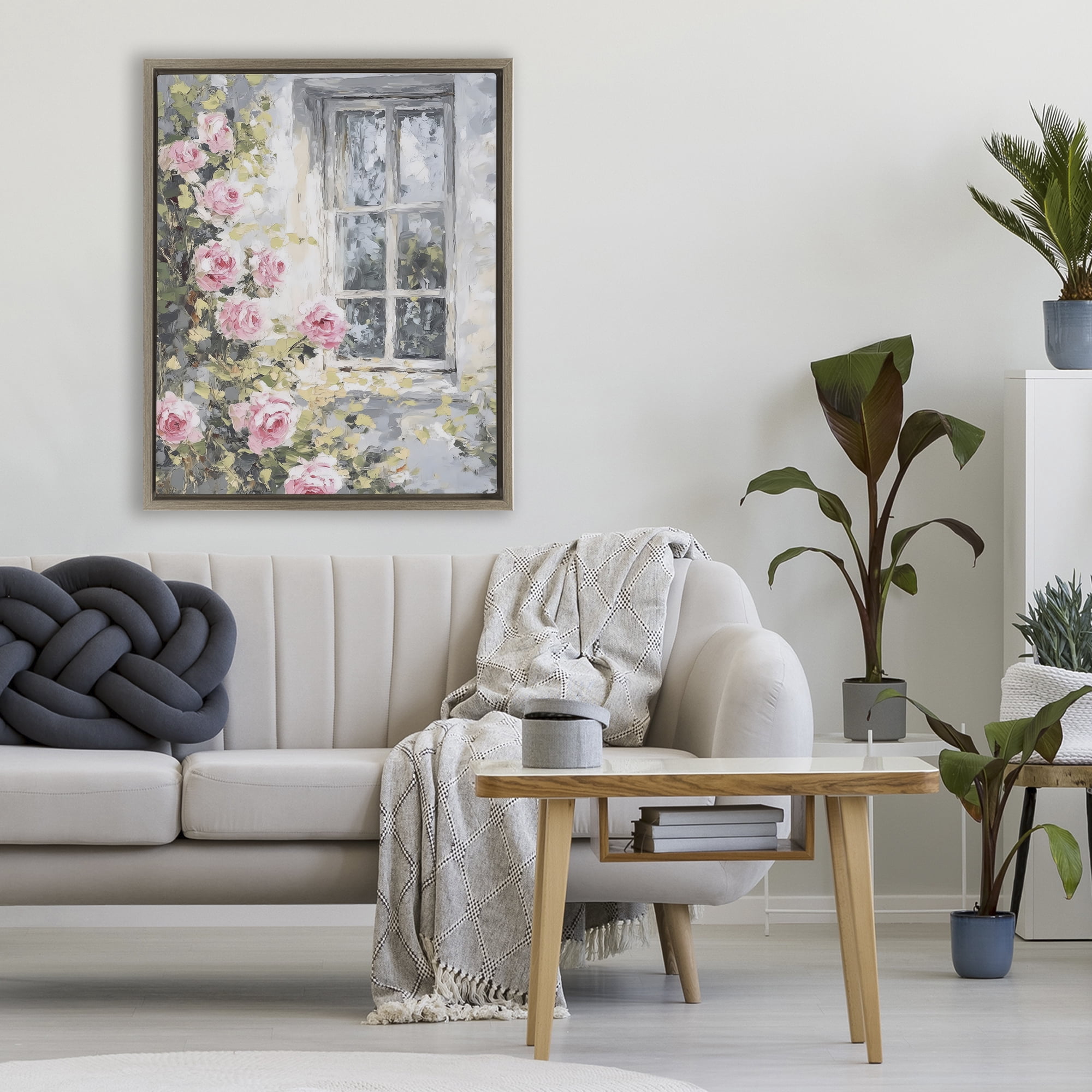 Stupell Industries View Of Roses Cottage Window Brown Framed Floater Canvas Wall Art, design by LSR Design Studio