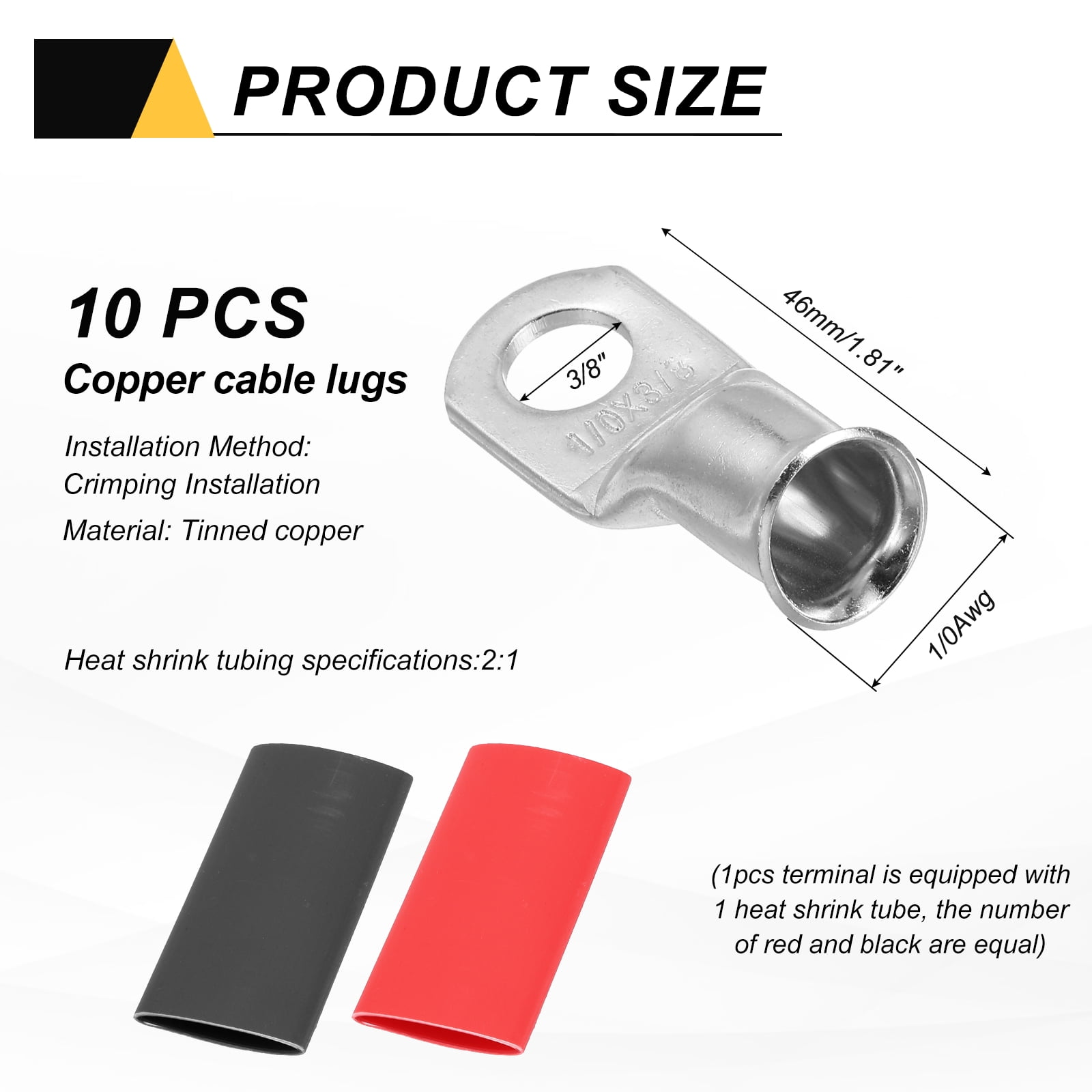 10pcs 1/0 AWG M10 Battery Lugs Ring Terminal, 3/8" 10mm Stud Crimp Wire Terminal Connector End Copper, 2:1 Heat Shrink Tubing, Silver