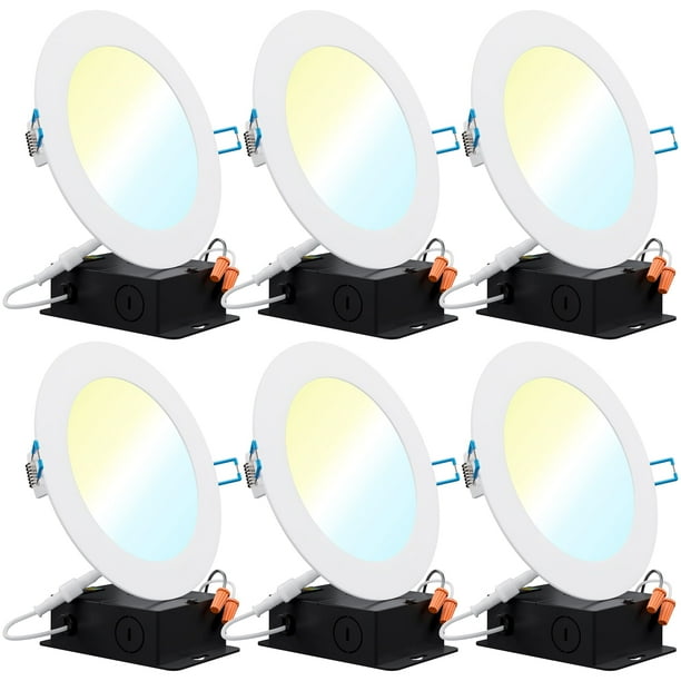 Sunco Lighting Luces De Techo Empotrables Led Delgadas De 6 Pulgadas Seleccionables Cct 2700K3000K3500K4000K5000K Regulable 14W = 100W Borde Liso Sin Lata Con Caja De Conexiones, Paquete De 6 - Energy