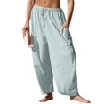 thumbnail image 3 of Women's Wide Leg Striped Pants Casual Loose Drawstring Low Waist Palazzo Harem Pants with Pockets Light Green S, 3 of 7