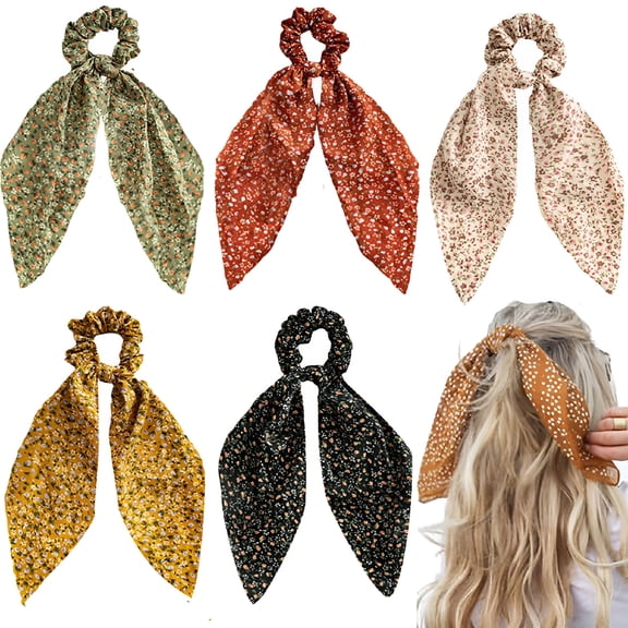 TELOLY 5 Pcs Hair Scarf Hair Scrunchies Hair Scarves Ribbon Scrunchie, Ponytail Scarf Scrunchies for Women Girls