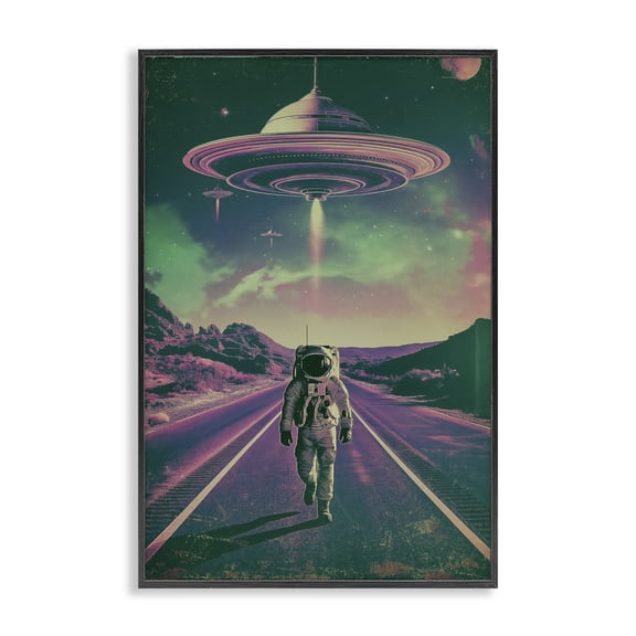 Stupell Industries Astronaut with Overhead UFO Fantasy & Sci-Fi Painting Black Framed Art Print Wall Art, 12 x 18