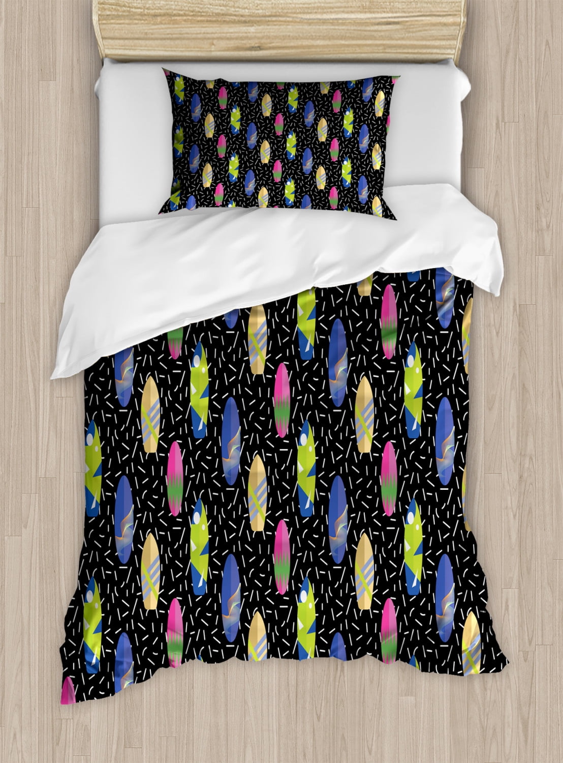 Surfboard Duvet Cover Set Twin Size, Colorful Boards in Memphis 80s