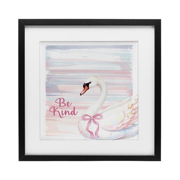 Be Kind Pastel Swan Black Framed Print Under Glass, design by Kim Allen