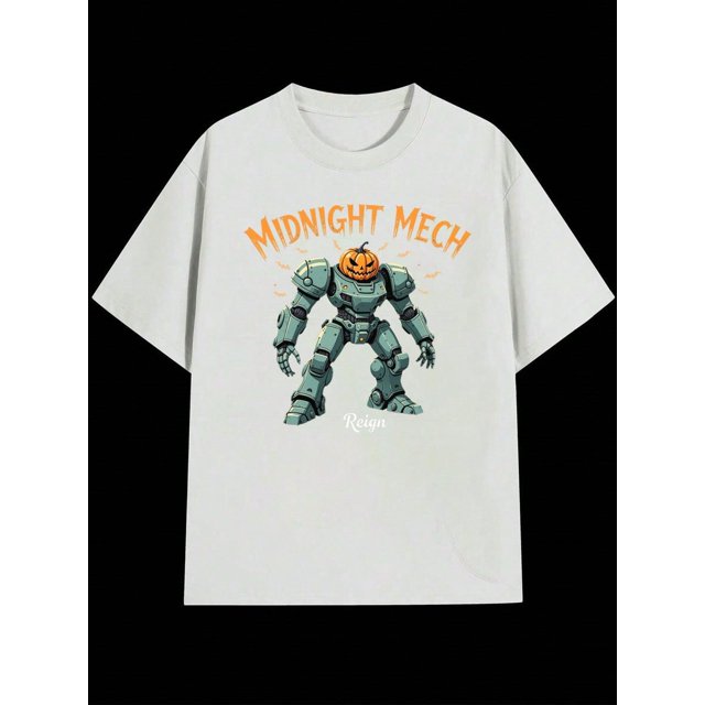 Boys Halloween Pumpkin Robot Graphic T-Shirt, Black Casual Style Halloween Shirts With Robot and Pumpkin, Girls/Boys Fall Clothes, Round Neck Short Sleeve T-Shirt, Fashion, Funny Kids Clothes Boys
