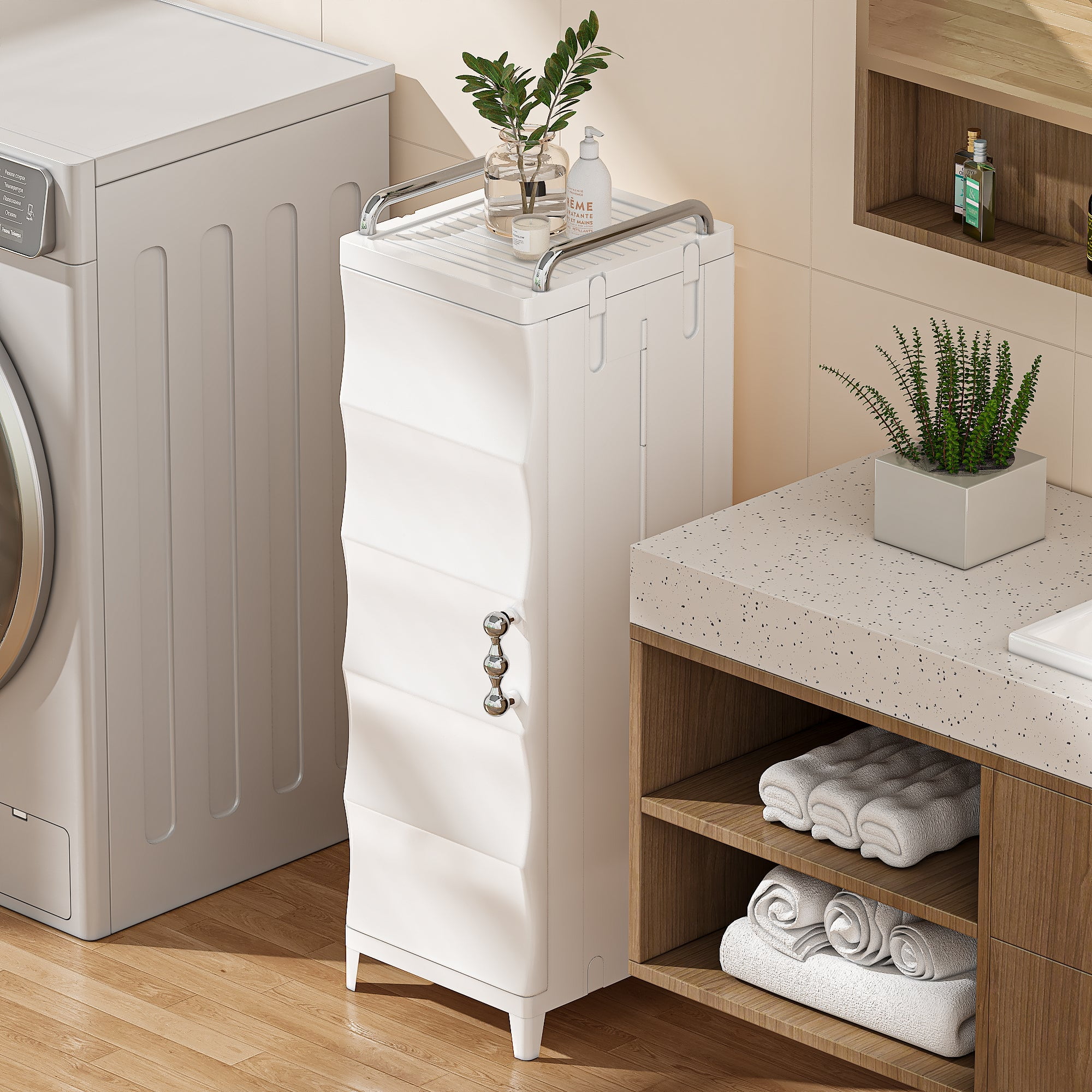 VECELO Narrow Bathroom Storage Cabinet with Door, 29.7” H Slim Freestanding Foldable Cabinet with Adjustable Shelves, for Small Spaces, Kitchen, White