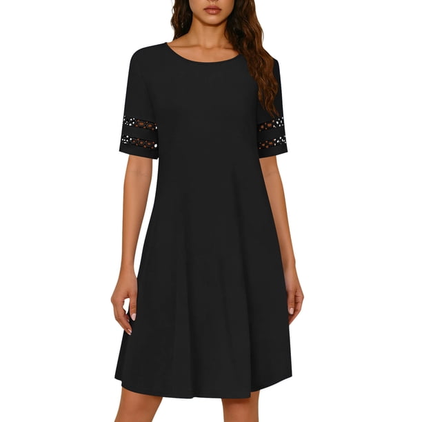 Vestido de Manga Corta para las Mujeres Encaje Casual, Cuello Redondo Plegado Vestido de Verano de Color Sólido