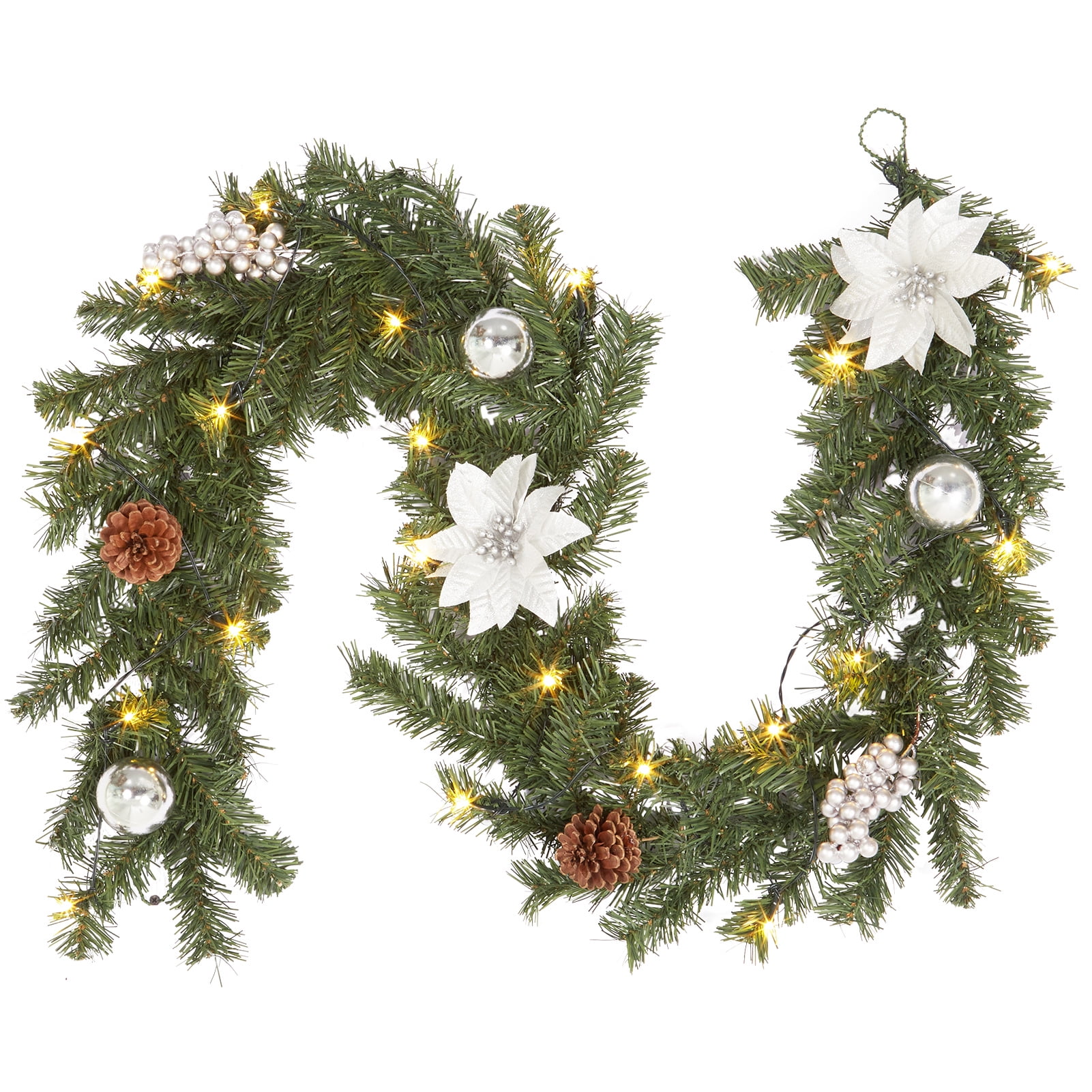 6 ft Christmas Garland with Lights, PreLit Christmas Garland with 20 LED Ligts Pinecones Red