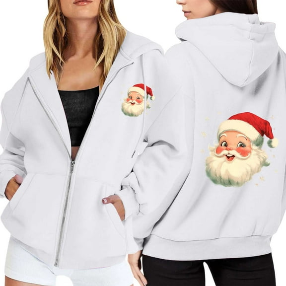 Telankuip Women's 2025 Christmas Oversized Zip-Up Hoodies Fall Winter Warm Comfy Long Sleeve Sweatshirts Cute Santa Claus Printed X-Mas Holiday Full Zipper Hooded Jacket White XL