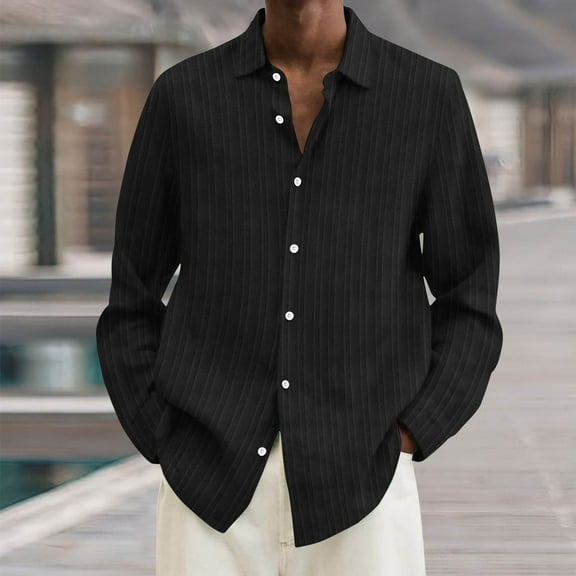 Mens Cotton Linen Shirt Loose Fit Summer Casual Lightweight Long Sleeve Button Down Shirts Big and Tall Solid Plain Stand Collar Daily Blouse Beach Tops