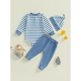 thumbnail image 4 of Suealasg Infant Newborn Boys 3Pcs Spring Fall Outfits 3 6 9 9 12 18 Months Baby Boys Clothes Striped Print Long Sleeve Rompers and Elastic Pants Hat Set, 4 of 8