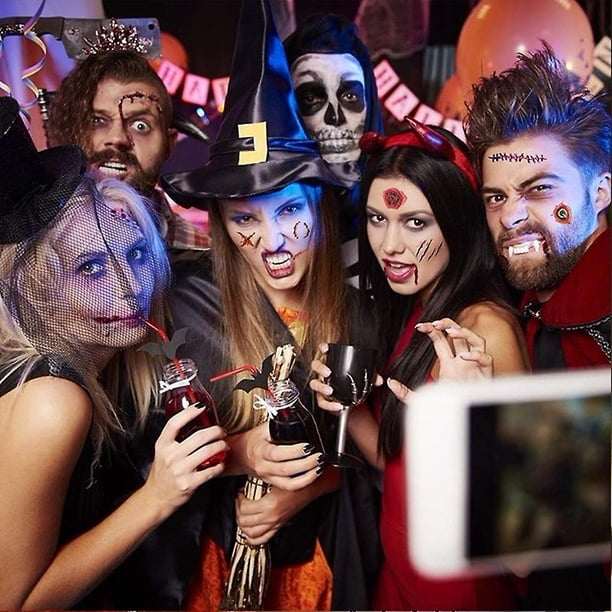 Calcomanías de tatuajes temporales de Halloween – Juego de 5 hojas de tatuajes de cara, manos y cuello, tatuajes para adultos y niños, tatuajes falsos para Halloween, maquillaje, cosplay, accesorios y