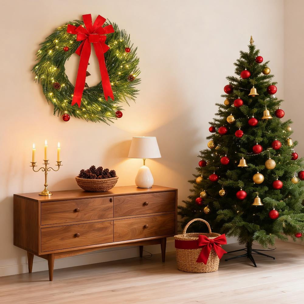 36 Inch Norfolk Pine Christmas Wreath with 100 LED Lights 8 Modes Red Ornaments Pinecones Indoor Outdoor Decor