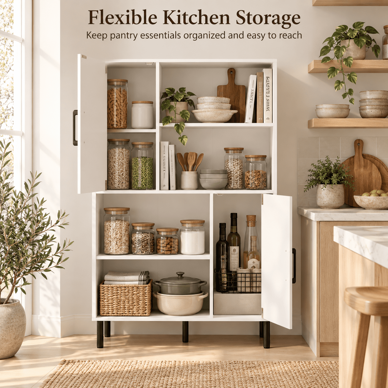 Furnibear 47 Inch Storage Cabinet Freestanding Bookcase Bookshelf with 2 Doors and 4 Open Shelves for Living Room Home Office Bedroom Kitchen Display Storage, White