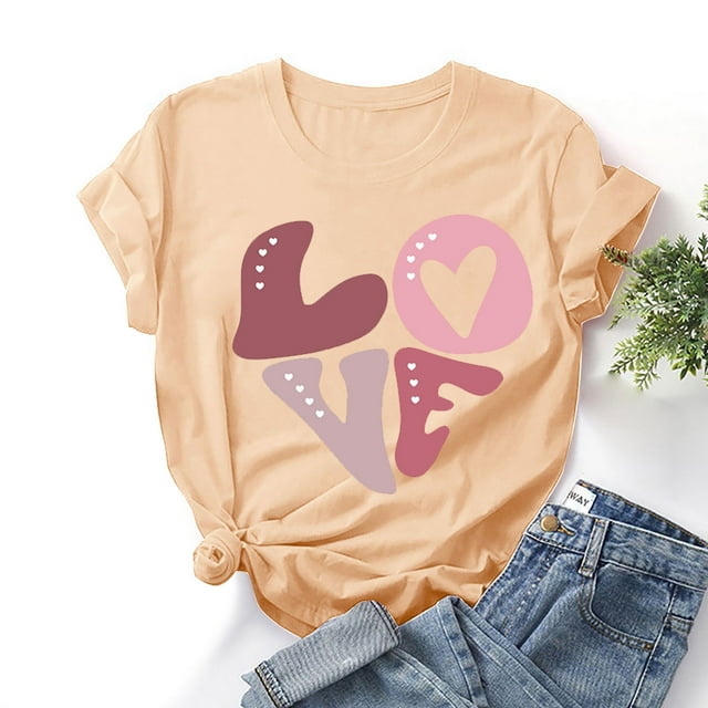 LOVZFMLL Hauts d'Été pour Femmes Mode T-shirt à Manches Courtes Imprimé Saint-Valentin Graphique Original