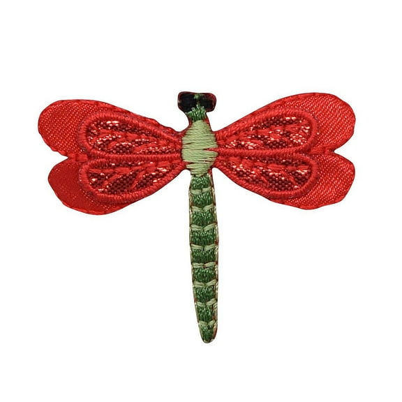 Small Red Shimmery Dragonfly Iron on Embroidered Applique Patch