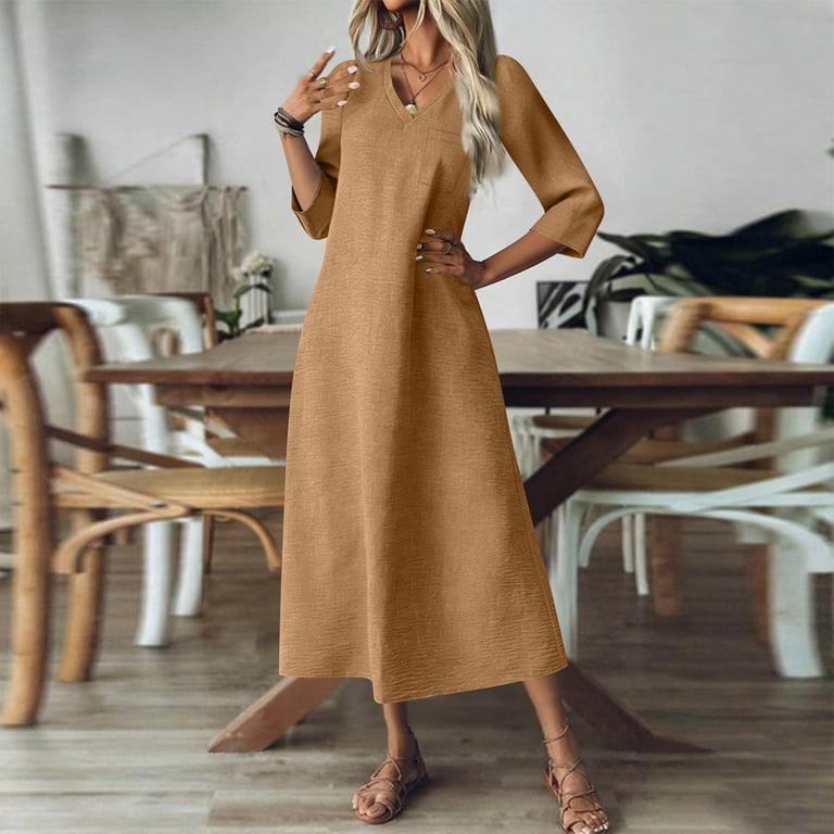 Fmbrln Dresses for Women 3/4 Sleeve V Neck Long Dress Summer Casual Loose Solid A-Line Dress - Walmart.com Fmbrln Dresses for Women 3/4 Sleeve V Neck Long Dress Summer Casual Loose Solid A-Line Dress - Walmart.com