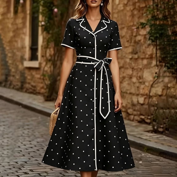 Karymi Polka Dot Print Vintage Midi Dress, Lapel V Neck Short Sleeve Contrast Trim Button Front A-Line Dress with Self Tie Belted Waist Womens Dresses