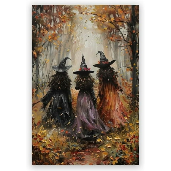 Horror Halloween Decor Wall Art Print Three Witches In The Forest Vintage Posters Decor Autumn Beautiful Witches Forest Canvas Printing For Living Room Bedroom 16x24inch Unframed