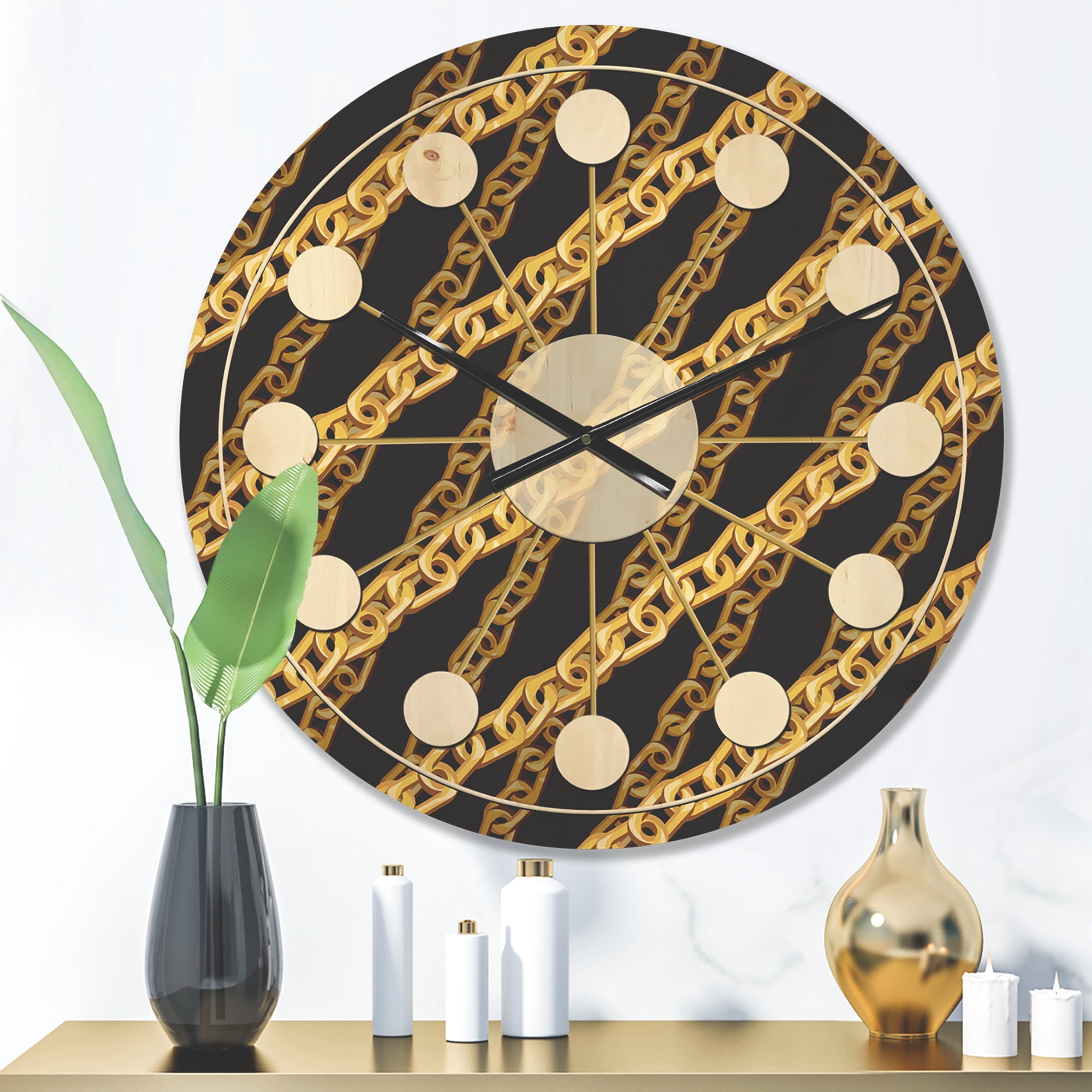Designart 'Golden ZigZag Chain On Black' Mid-Century Modern Wood Wall Clock