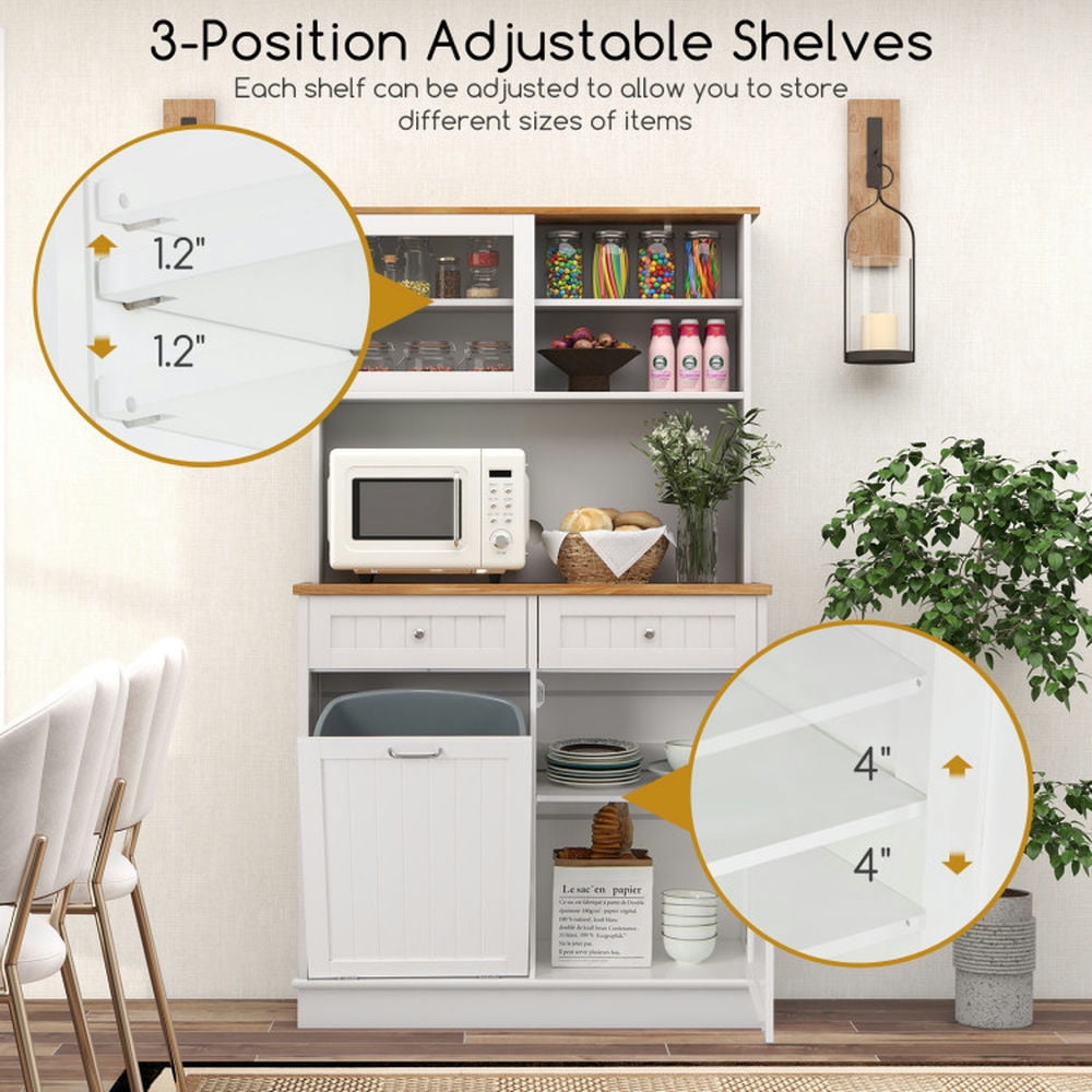 Finihen Storage Cabinet, Buffet Sideboard, Double Tilt Out Trash Cabinet with Hutch and Rubber Wood Countertop, for Dining Room, Kitchen, Bathroom, White