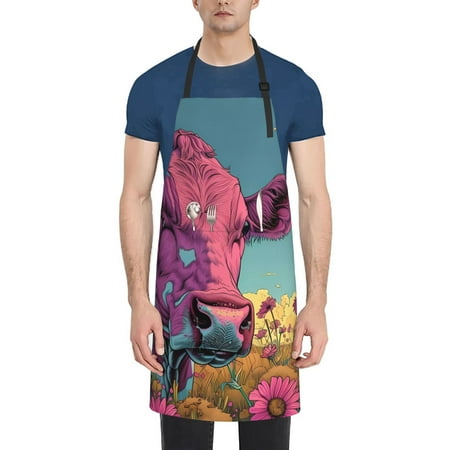

Pofeuu Pink Cow In Sunflower Field Print Waterproof Apron with Pockets Adjustable Cooking Aprons Kitchen Bib for Baking Household Cleaning