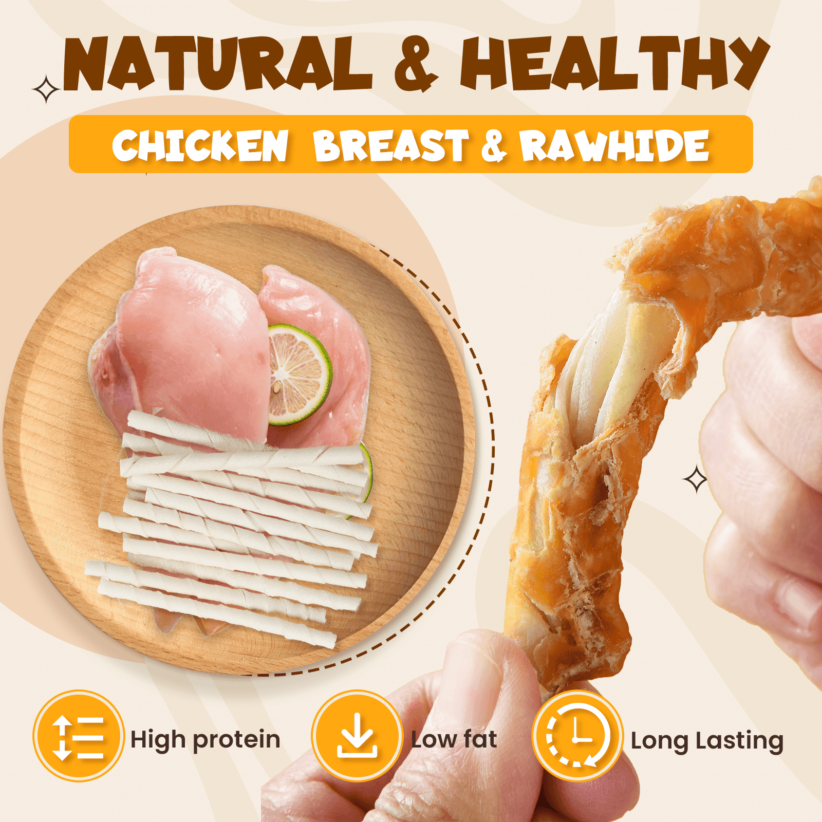 (3 pack) ASMPET Chicken Wrapped Rawhide Dog Treats, Long Lasting for Strong Chewers, Dental Care Bones, 10.6oz