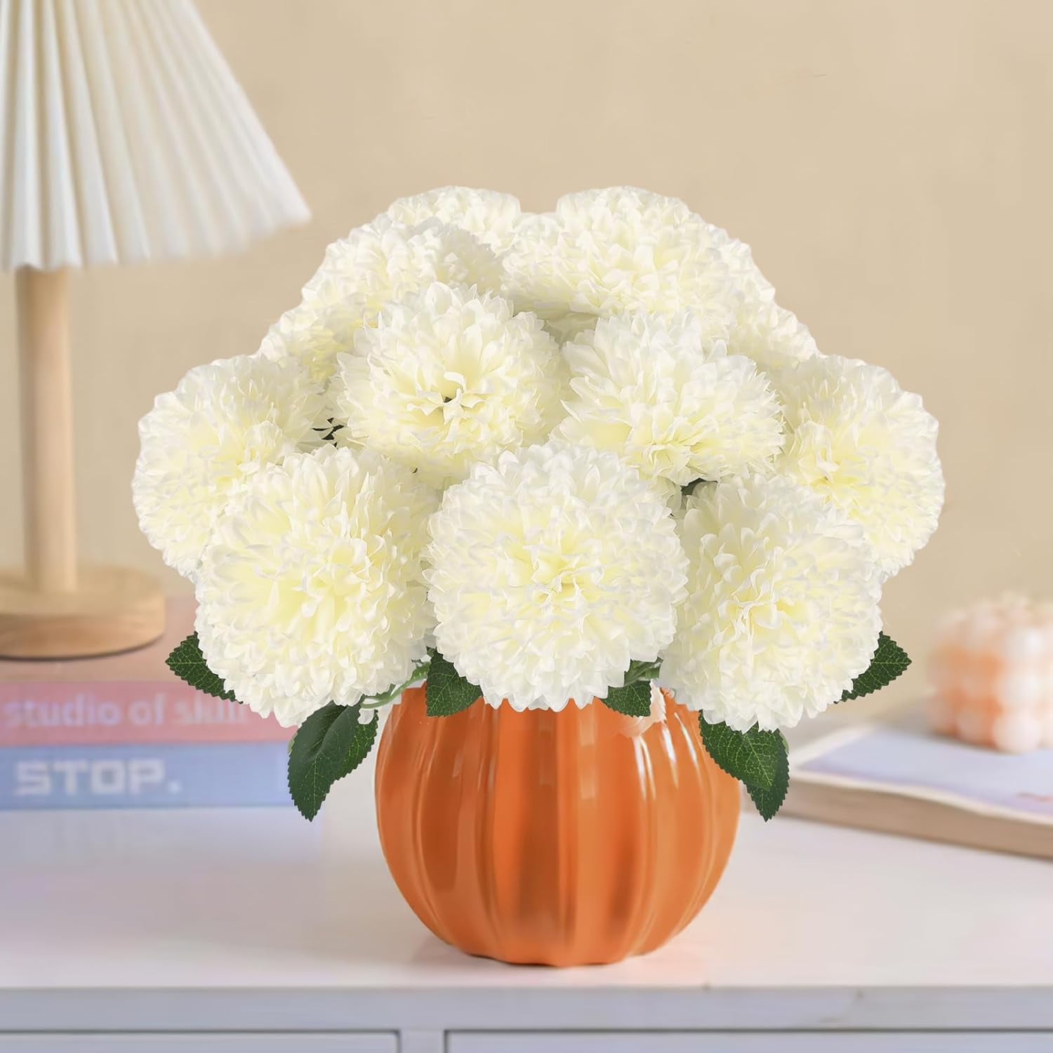 Artificial Chrysanthemums Flowers Ball Flowers White Flowers Bulk, Fake Mums Flowers Silk Plants for Home Decor Indoor Floral Arrangement Table Centerpiece (, White)