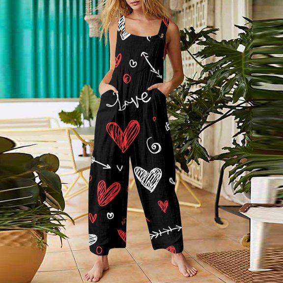 Valentines Onesie Overalls for Women Cute Heart Pattern Printed Wide Leg Rompers Valentines Baggy Overalls Jumpers with Pockets