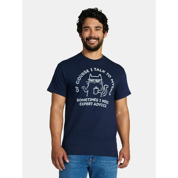Humor Men's and Big Men's Talk To Myself Cat Graphic Tee with Short Sleeves, Sizes S-3XL