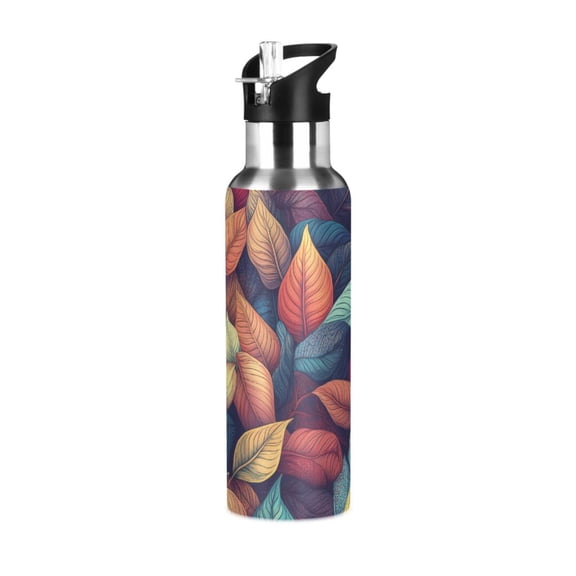 Yayeee 20oz Insulated Water Bottle Double Wall Stainless Steel with Flip Straw Lid, Blue Vibrant Leaves Pattern