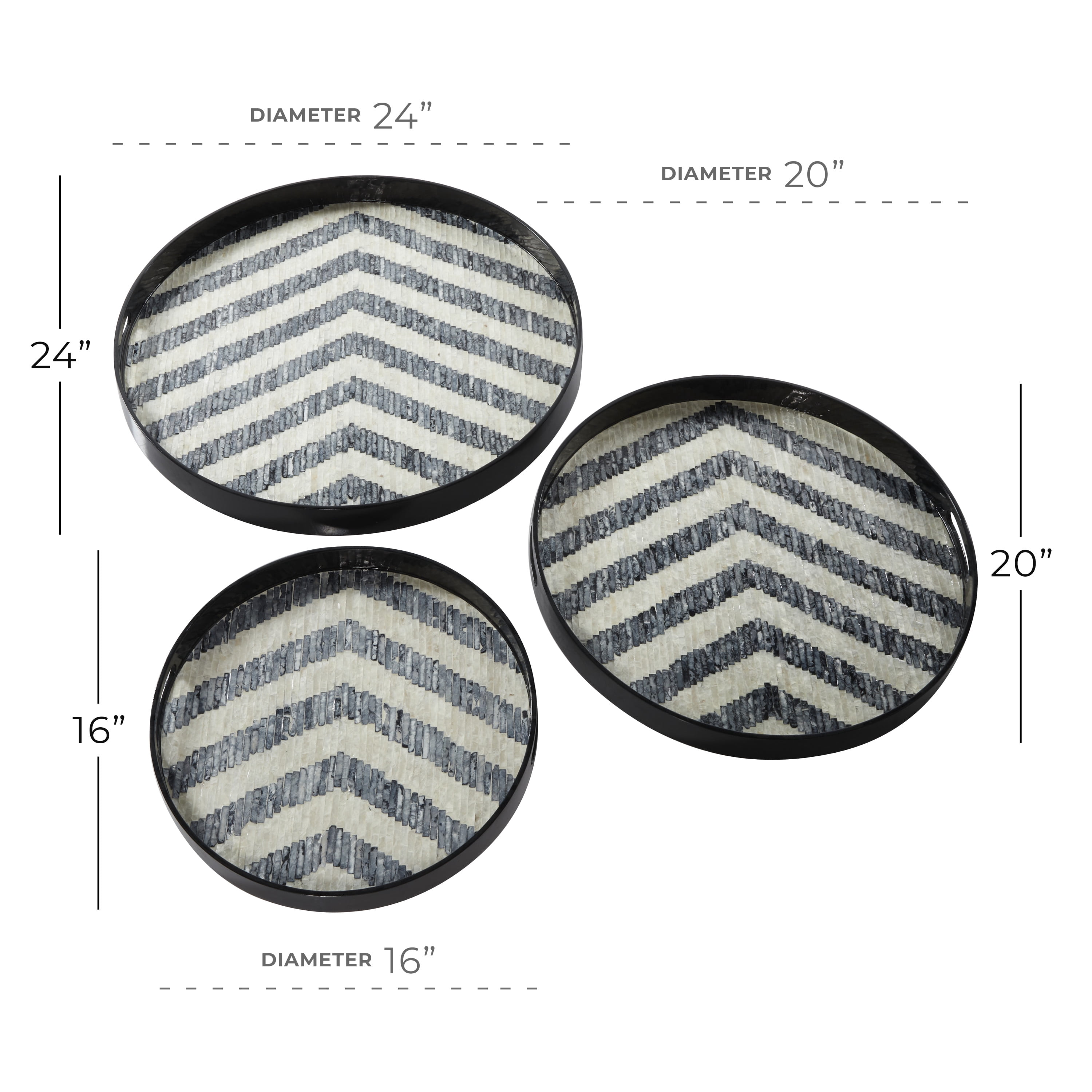 DecMode 24", 20", 16"W Black Mother of Pearl Handmade Chevron Tray with Slot Handles, 3-Pieces